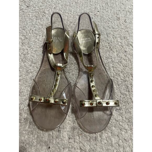 Stuart Weitzman Womens 6 EU36 Clear Aria Gold Bow Jelly Sandals Studded Strappy - Picture 3 of 12
